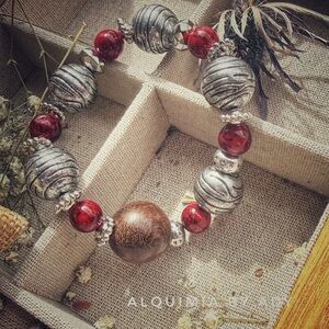 Silver Texture Bracelet – 20 mm Bead, 1‑Inch Wooden Focal & 10 mm Red Turquoise